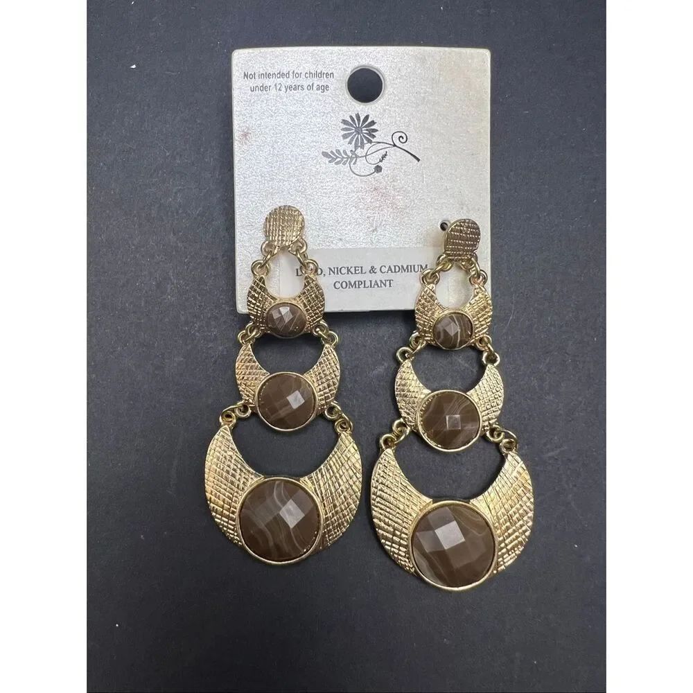 3 Tier Gold Tone Textured Metal Brown Resin Stone Crescent Moon Dangle Earrings